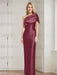 Wine mother of the bride column gown with folded shoulder drape