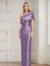 Wisteria mother of the bride column gown with folded shoulder drape