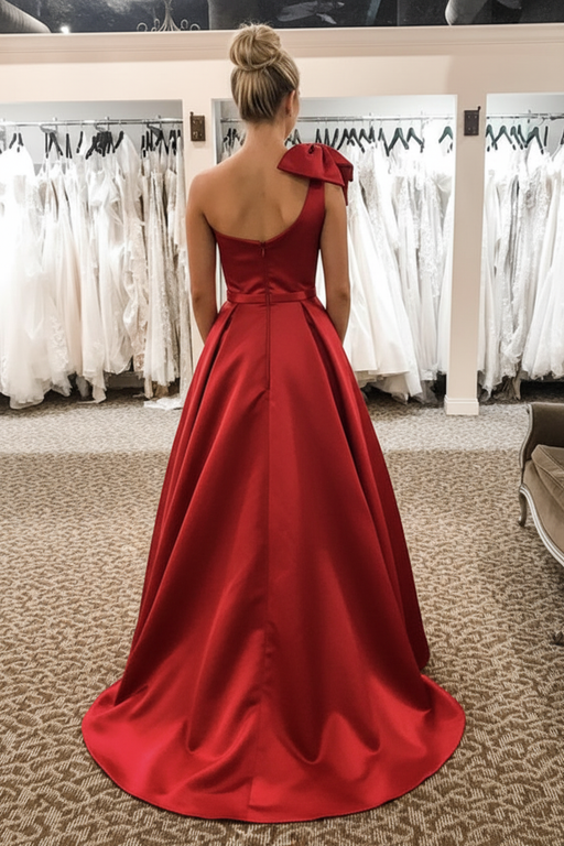 One Shoulder Floor Length Red Satin Evening Dress