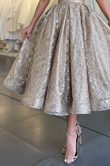 One Shoulder Glitter Gold Tea Length Evening Dress Sequins Wedding Guest Dress - Prom Dresses