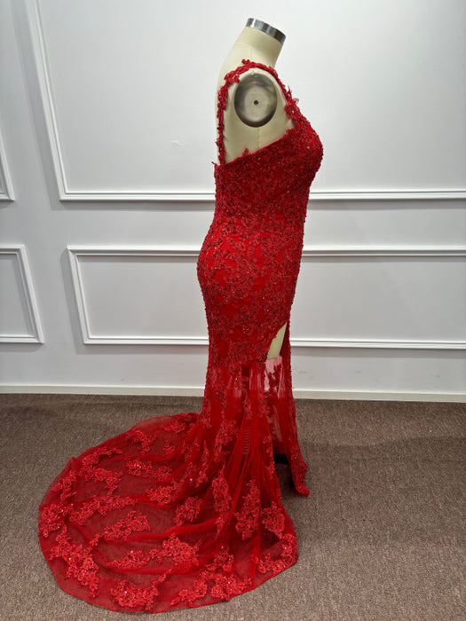 One Shoulder Glitter Red Mermaid Prom Dress Side Split Beadings Long Evening Dress - Prom Dress