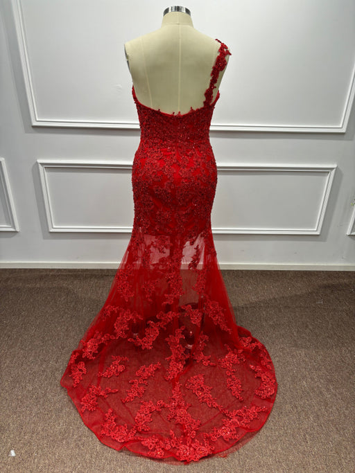 One Shoulder Glitter Red Mermaid Prom Dress Side Split Beadings Long Evening Dress - Prom Dress