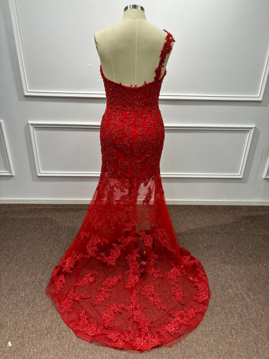 One Shoulder Glitter Red Mermaid Prom Dress Side Split Beadings Long Evening Dress - Prom Dress