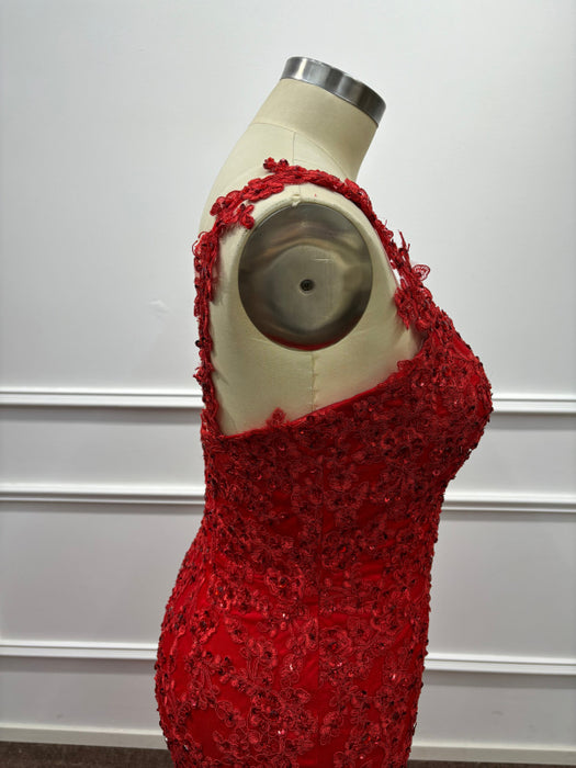 One Shoulder Glitter Red Mermaid Prom Dress Side Split Beadings Long Evening Dress - Prom Dress