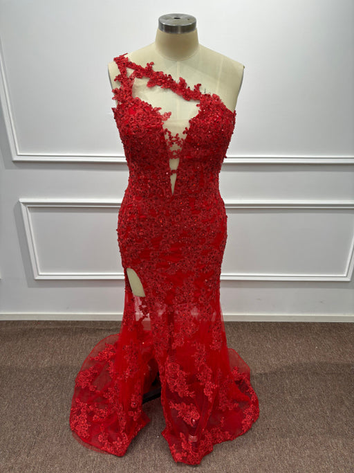 One Shoulder Glitter Red Mermaid Prom Dress Side Split Beadings Long Evening Dress - Prom Dress