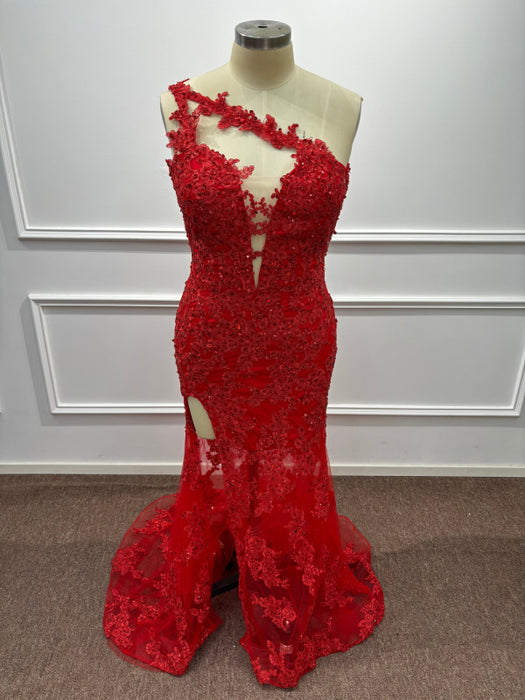 One Shoulder Glitter Red Mermaid Prom Dress Side Split Beadings Long Evening Dress - Prom Dress