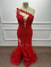 One Shoulder Glitter Red Mermaid Prom Dress Side Split Beadings Long Evening Dress - Prom Dress