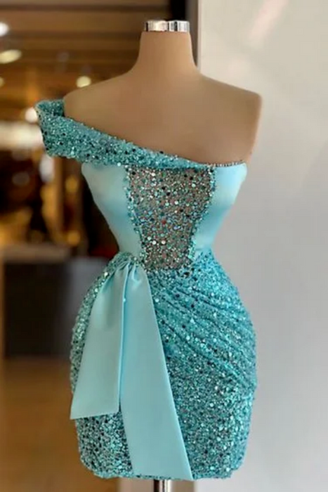 Sage One Shoulder Short Sequined Prom Dress Ruffles Tight Homecoming Dress