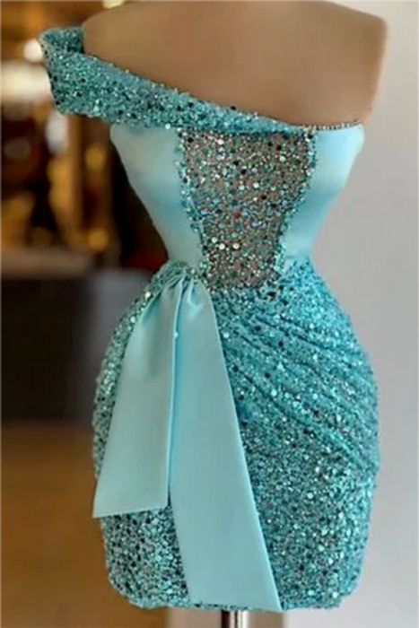 Sage One Shoulder Short Sequined Prom Dress Ruffles Tight Homecoming Dress