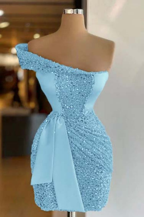 Sky Blue One Shoulder Short Sequined Prom Dress Ruffles Tight Homecoming Dress