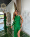 One Shoulder Green Satin Prom Dress with Slit and Rhinestone Applique