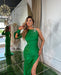 One Shoulder Green Satin Prom Dress with Slit and Rhinestone Applique