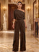 Brown One-Shoulder Jersey Evening Jumpsuit with Cascade Ruffles