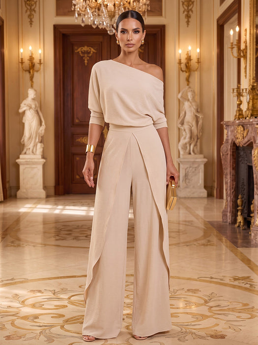 One-Shoulder Jersey Evening Jumpsuit with Cascade Ruffles