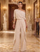 One-Shoulder Jersey Evening Jumpsuit with Cascade Ruffles