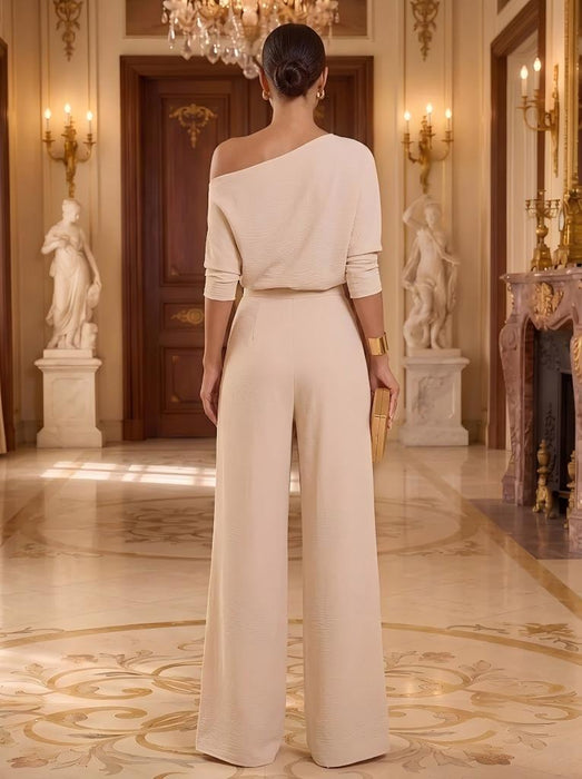 One-Shoulder Jersey Evening Jumpsuit with Cascade Ruffles