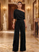 Black One-Shoulder Jersey Evening Jumpsuit with Cascade Ruffles