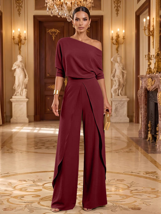 Burgundy One-Shoulder Jersey Evening Jumpsuit with Cascade Ruffles