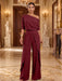 Burgundy One-Shoulder Jersey Evening Jumpsuit with Cascade Ruffles