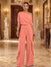 Coral One-Shoulder Jersey Evening Jumpsuit with Cascade Ruffles