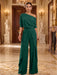 Dark Green One-Shoulder Jersey Evening Jumpsuit with Cascade Ruffles
