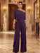 Grape One-Shoulder Jersey Evening Jumpsuit with Cascade Ruffles
