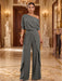 Gray One-Shoulder Jersey Evening Jumpsuit with Cascade Ruffles