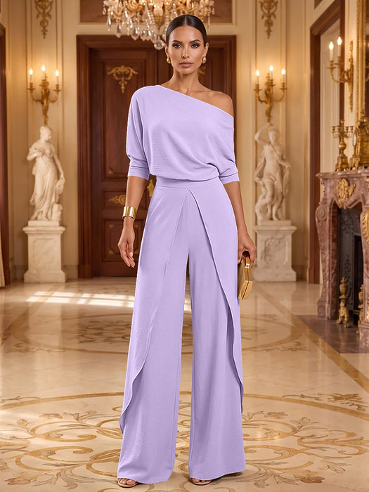 Lilac One-Shoulder Jersey Evening Jumpsuit with Cascade Ruffles