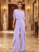 Lilac One-Shoulder Jersey Evening Jumpsuit with Cascade Ruffles