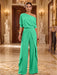 Mint One-Shoulder Jersey Evening Jumpsuit with Cascade Ruffles