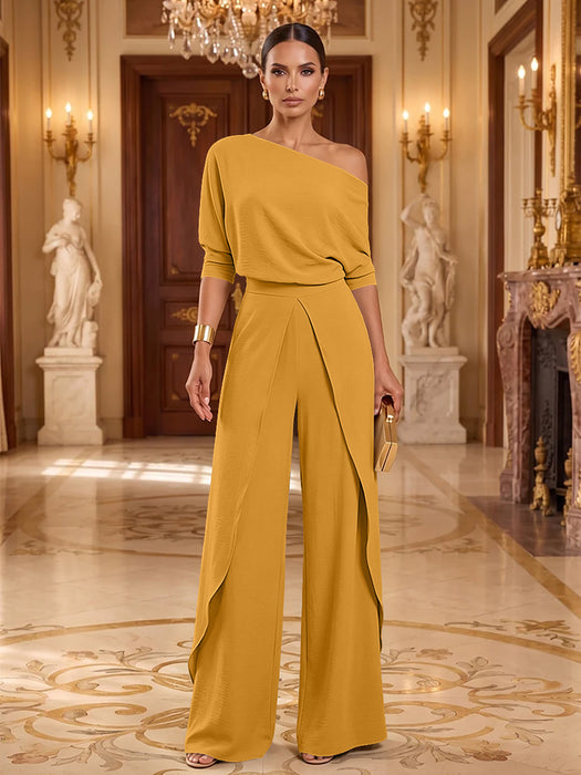 Mustard Yellow One-Shoulder Jersey Evening Jumpsuit with Cascade Ruffles