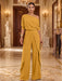 Mustard Yellow One-Shoulder Jersey Evening Jumpsuit with Cascade Ruffles