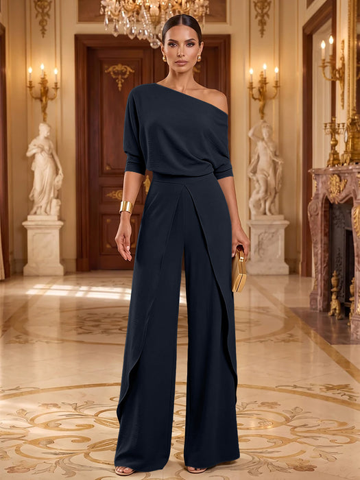 Navy One-Shoulder Jersey Evening Jumpsuit with Cascade Ruffles