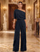 Navy One-Shoulder Jersey Evening Jumpsuit with Cascade Ruffles