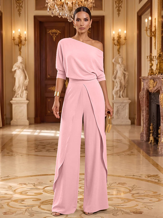 Pink One-Shoulder Jersey Evening Jumpsuit with Cascade Ruffles