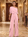 Pink One-Shoulder Jersey Evening Jumpsuit with Cascade Ruffles