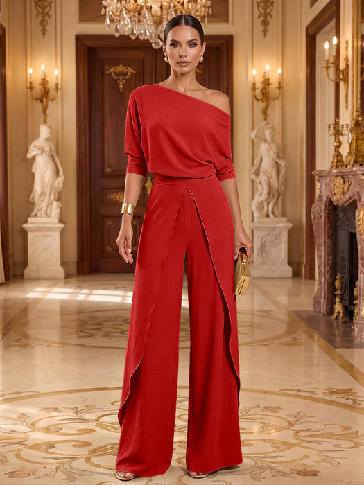 Red One-Shoulder Jersey Evening Jumpsuit with Cascade Ruffles