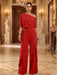 Red One-Shoulder Jersey Evening Jumpsuit with Cascade Ruffles