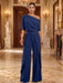 Royal Blue One-Shoulder Jersey Evening Jumpsuit with Cascade Ruffles