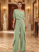Sage One-Shoulder Jersey Evening Jumpsuit with Cascade Ruffles