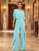 Sky Blue One-Shoulder Jersey Evening Jumpsuit with Cascade Ruffles