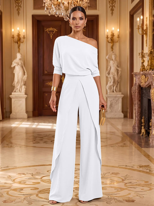 White One-Shoulder Jersey Evening Jumpsuit with Cascade Ruffles