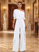 White One-Shoulder Jersey Evening Jumpsuit with Cascade Ruffles