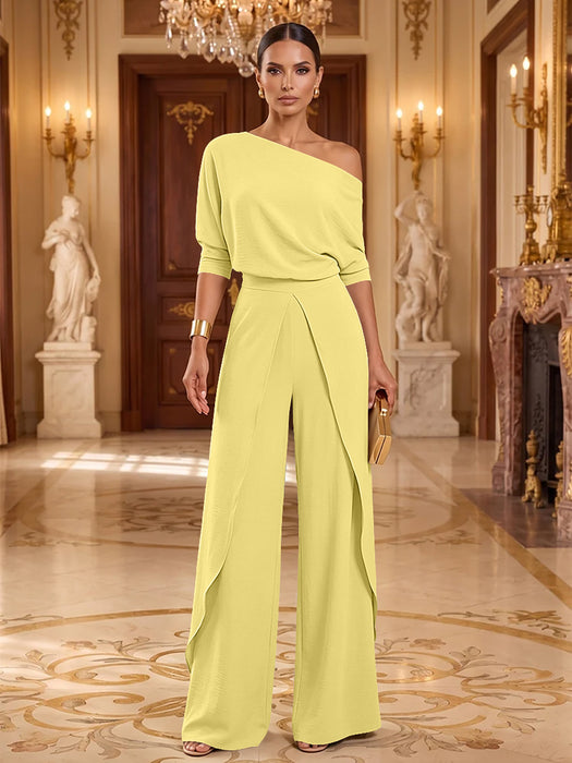Yellow One-Shoulder Jersey Evening Jumpsuit with Cascade Ruffles