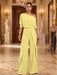 Yellow One-Shoulder Jersey Evening Jumpsuit with Cascade Ruffles