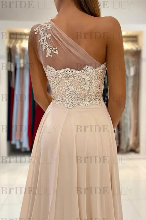 One-Shoulder Lace Appliques Prom Dress With Slit