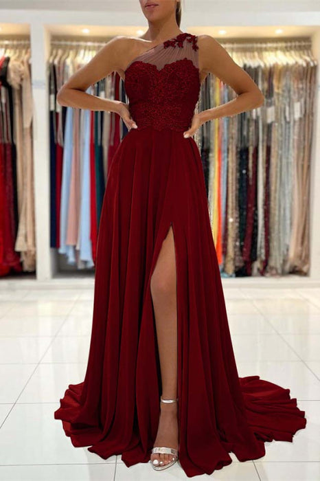 One-Shoulder Lace Appliques Prom Dress Long With Slit - Prom Dresses
