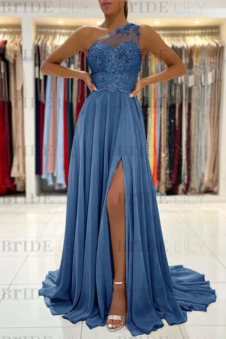 One-Shoulder Lace Appliques Prom Dress Long With Slit - Prom Dresses