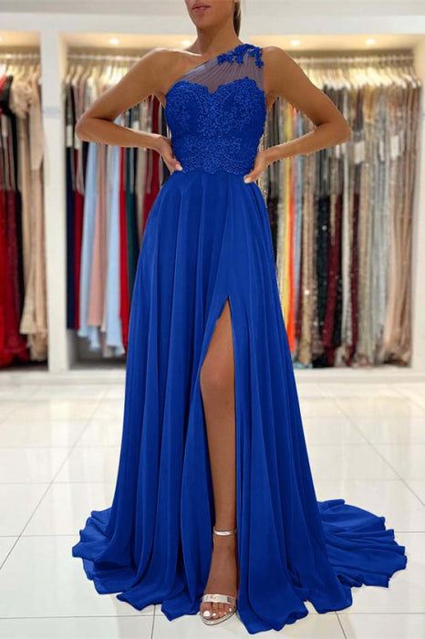 One-Shoulder Lace Appliques Prom Dress Long With Slit - Prom Dresses