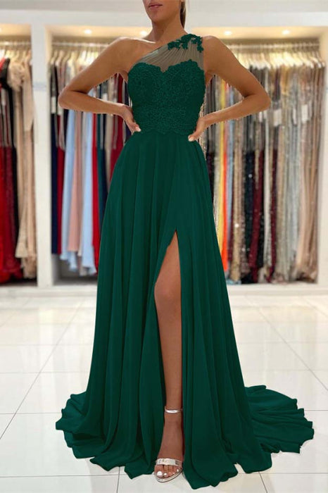 One-Shoulder Lace Appliques Prom Dress Long With Slit - Prom Dresses